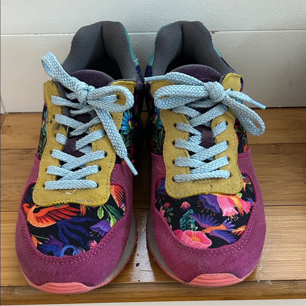 inkkas Multicolor Floral Suede & Fabric Sneakers with Light Blue Laces